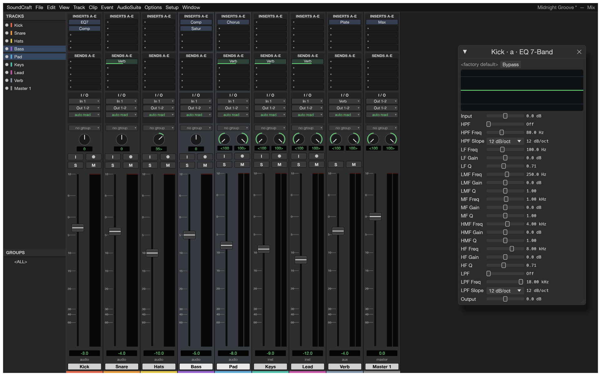 SoundCraft, a free online DAW, showing the Mix window with channel strips, sends, faders and meters beside an EQ plugin