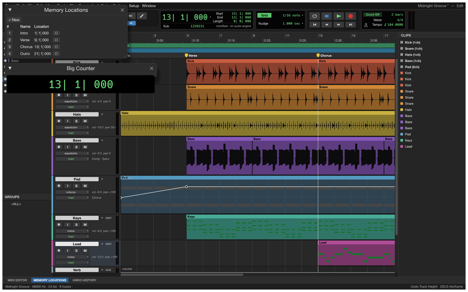 Volume automation drawn on a track in SoundCraft, with the Memory Locations and Big Counter windows open