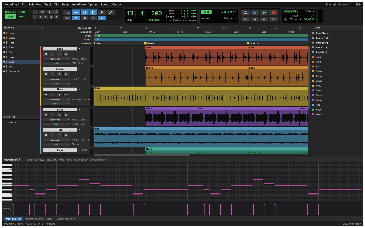 The SoundCraft MIDI editor showing a melody as a piano roll with a velocity lane